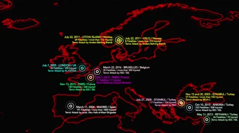4K Map of Major Terrorist Attacks in Europe between 2000-2016 1 Stock Footage 61722038