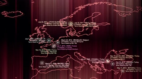 4K Map of Major Terrorist Attacks in Europe between 2000-2016 2 Stock Footage 61722061