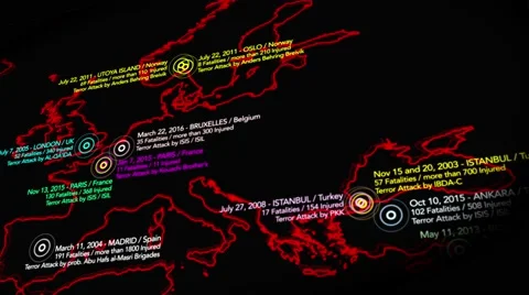 4K Map of Major Terrorist Attacks in Europe between 2000-2016 4 Stock Footage 61722122
