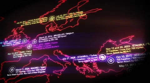 4K Map of Major Terrorist Attacks in Europe between 2000-2016 6 Stock Footage 61722183