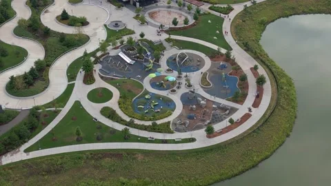 4K Maple Grove, MN Central Park Playground Aerial View Video stock 220407084