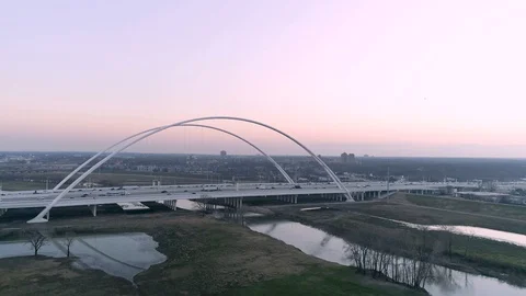 4K Margaret McDermott Bridge Sunset Reflection Water Dallas Texas Stock Footage 101268684