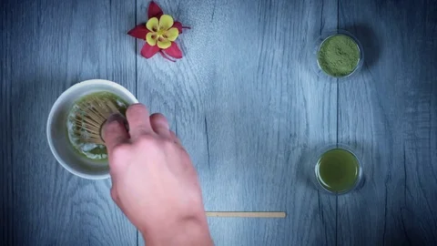 4k Matcha Tea Composition, Stirring with Whisk Video stock 76776957