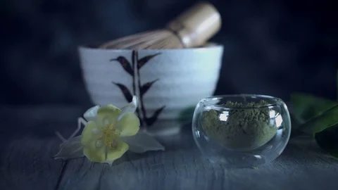 4k Matcha Tea Composition Taking Tea Powder in Scoop Stock Footage 76773526