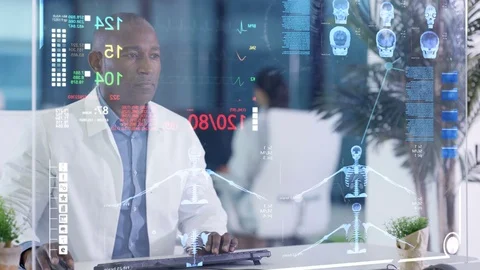 4K Medical scientist working in the lab & using interactive touch screen Stock Footage