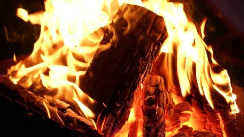 4K. Medium shot. Fire. Fireplace. Firewood. B-B-Q Stock Footage 130589672