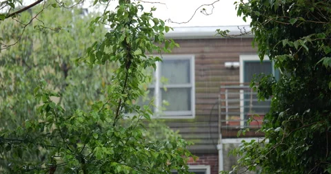 4K MEDIUM SHOT RACK FOCUS OF TREE TO HOUSE WINDOW IN RAIN Video stock 131128290