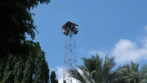 4K Megaphone or speaker on pole with blue white sky background outdoor. Video stock 142001726