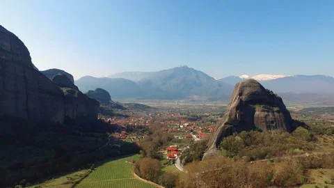 4K. Meteora rocks, Greece. View to valley of Thessaly and Kalambaka city. Video stock 106030945