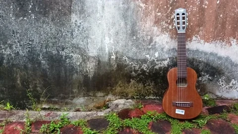 4K: Mini Guitar on Cement Background Stock Footage 207402440