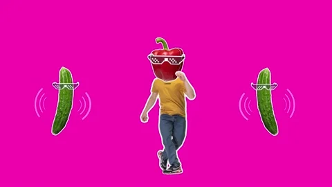 4K Minimal animation motion design. Funny sweet red pepper face on dancing man Video stock 161715503