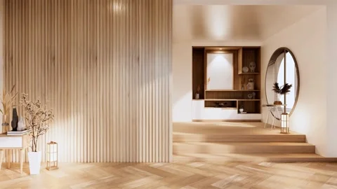 4K Minimalist Japandi Interior 3D Render Light Wood Slats Oval Mirror 스톡 동영상 332156744