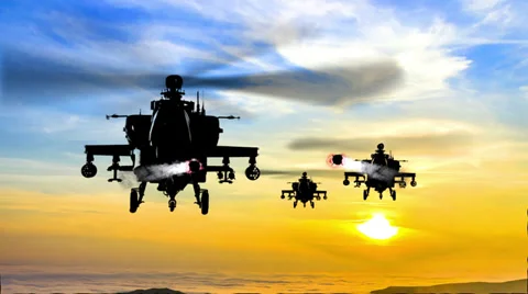 4k missile attack at sunset by apache ah-64 gunship helicopters Stock-Footage 38721625