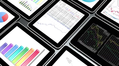 4k Mobile devices,finance pie charts &amp; stock trend diagrams in the ipad. Stock Footage 61390458