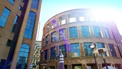 4K Modern Coliseum Architecture Building Design, Lens Flare, Vancouver Library Stock Footage 77465430