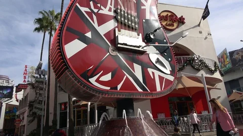 4K. Modern Hard Rock Cafe guitar shaped architecture. Stock Footage 123528455