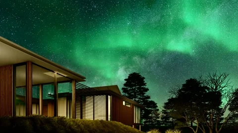 4K Modern House Under Aurora Borealis 3D Animation Stock Footage 157618231