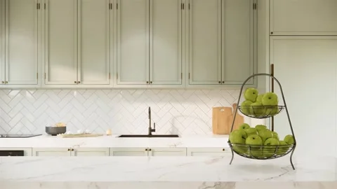 4K Modern Kitchen Design Sage Green Cabinetry White Herringbone Backsplash Stock Footage 332156715