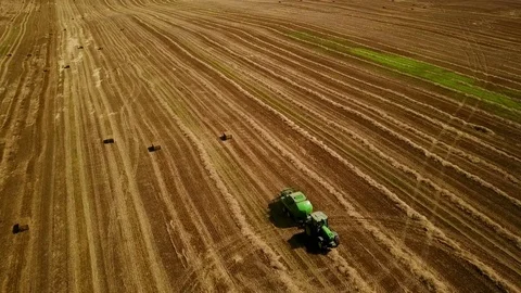 4K. Modern tractor makes haystacks on the field after harvesting. Aerial view Stock Footage 79604542