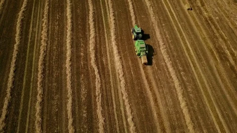 4K. Modern tractor makes haystacks on the field after harvesting. Aerial view Stock Footage 79624034