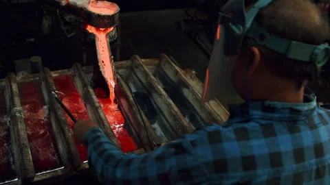 4K Molten Metal Casting Foundry, Worker Supervising Steel Production Metallurgy Stock Footage 294683045