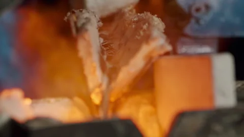 4K Molten Metal Flow in Casting Process, Steel and Aluminum Production Equipment Stock Footage 294679959