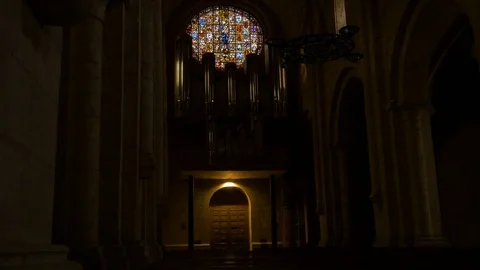 4K Monasterio Poblet epic organ stained glass door gate Stock Footage 116539178
