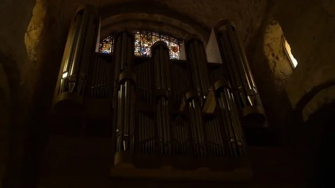 4K Monasterio Poblet epic organ stained glass metal tube Stock Footage 116539250