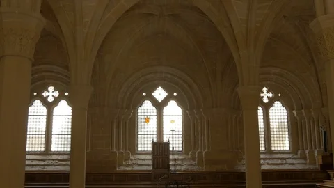 4K Monasterio Poblet interior meeting pan room window Stock Footage 116540667