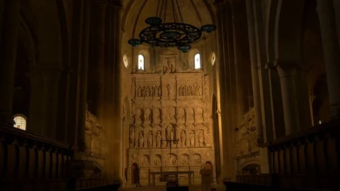 4K Monasterio Poblet interior mural light altar sculpture art Stock Footage 116540829