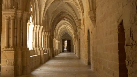 4K Monasterio Poblet interior perspective point fuga hallway Stock Footage 116541134