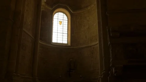 4K Monasterio Poblet interior saint window statue dark Stock Footage 116541535