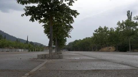 4K Monasterio Poblet parking trees asphalt low cloudy wet Stock Footage 116541970