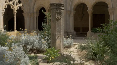 4K Monasterio Poblet patio yard courtyard stone fountain Stock Footage 116542013