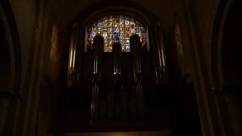 4K Monasterio Poblet stained organ glass metal dark big epic Stock Footage 116542124