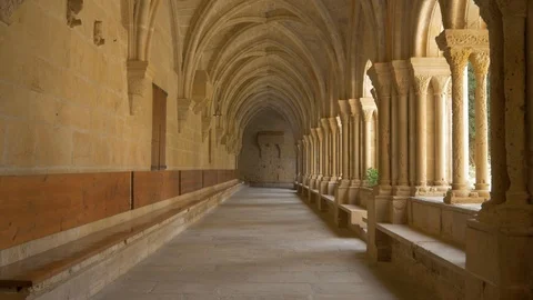 4K Monasterio Poblet tomb coffin perspective yard hallway Stock Footage 116542135