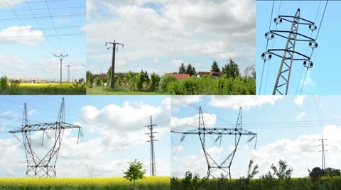4K montage (compilation) - high voltage with nature and buildings - blue sky Stock-Footage 48463622