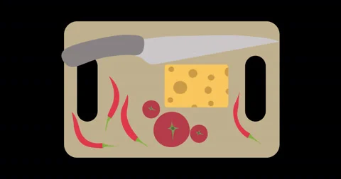 4k motion animation of a cutting board with food. Flat food items icon isolat Stock Footage 140974016