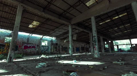 4K motion control pan abandoned derelict factory/warehouse interior Stock Footage 49575944