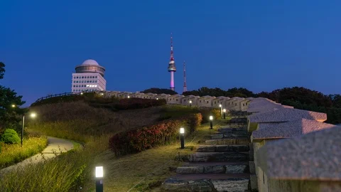 4k motion controlled timelapse of Namsan City Wall and Seoul Tower Stock Footage 124736941