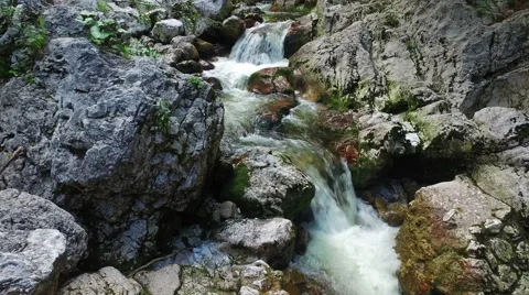 4K. Motion view of Wild river in Alps Mountains, clean blue water. Triglav NP. 動画素材 65210412