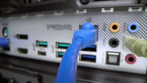 4k motorized macro moving shot of network cable connected to computer Stock Footage 133751544