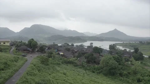 4k Mouintain and River Side Village View, Stock Footage 161461245