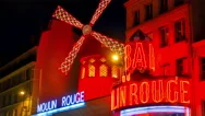 4K Moulin Rouge Cabaret, Famous Paris Landmark, Red Windmill Club, Neon Light Stock Footage