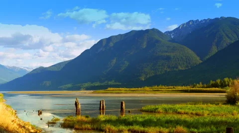 4K Mountain Plain Landscape on Summer Day, Marsh and Meadow Scene Stock Footage 67263840