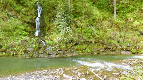 4K. Mountain  river  with small waterfall  .Landscape focus change Stockbeeldmateriaal 64749380