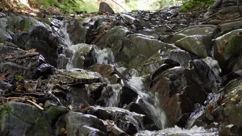 4k Mountain stream flows down a large rock in the Carpathians the sound of water 動画素材 138869865
