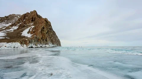 4K. Movement of the clouds over the icy Lake Baikal on the Olkhon Island, I.. Stock Footage 74005344
