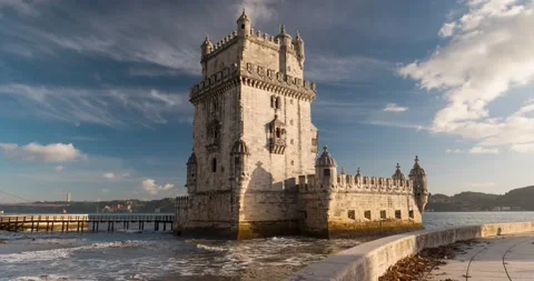 4k moving time lapse of the Torre de Belem in the city of Lisbon Stock Footage