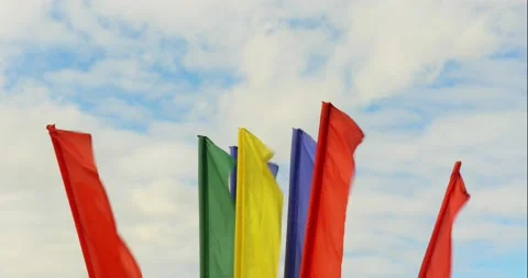 4k Multicolored flag develops from the wind against the background of the sky Stock Footage 160973197